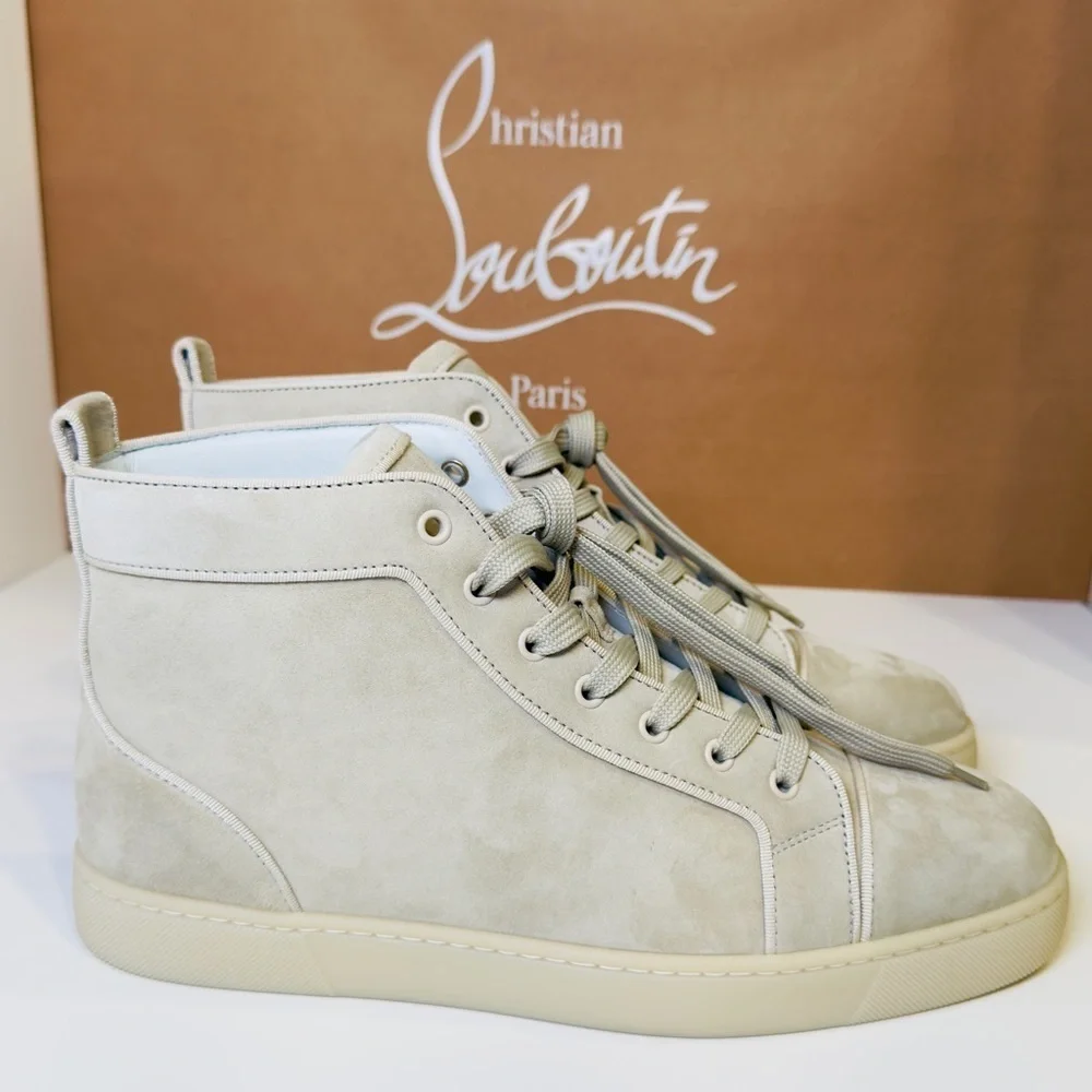 Christian Louboutin Louis Orlato Flat High-Top Sneakers Goose Grey Suede Size 44